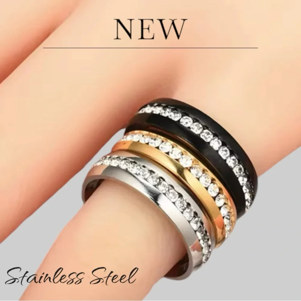 New Stainless Steel Unisex Engagement Ring Black or Gold Band CZ Row Inlay - Picture 7 of 9